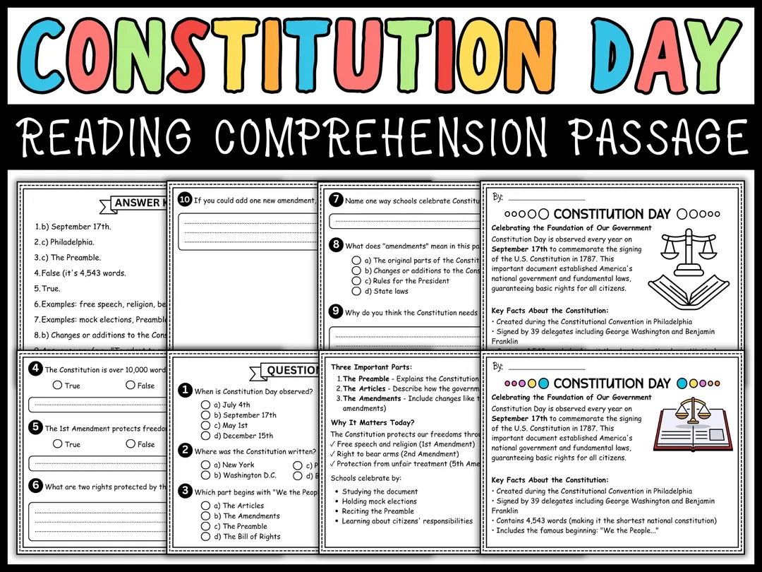 Constitution Day Reading Comprehension Passage & Questions – cover