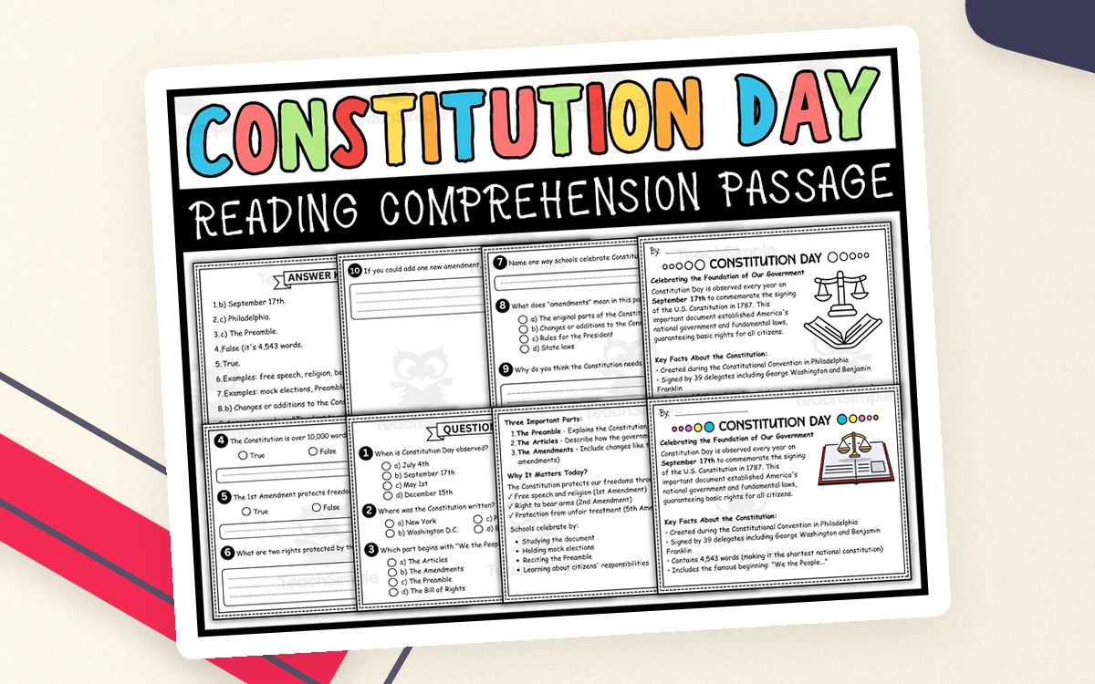 Constitution Day Reading Comprehension Passage & Questions cover with the resource title.