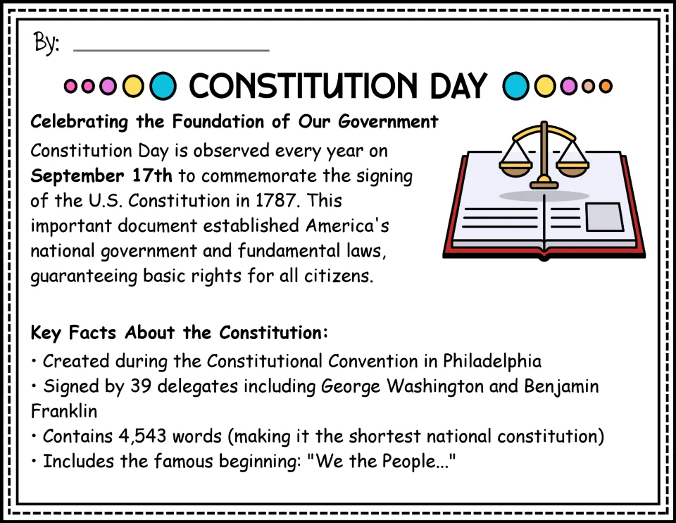 Constitution Day passage in color: students read about the September 17 signing in 1787 and key facts on the 39 delegates