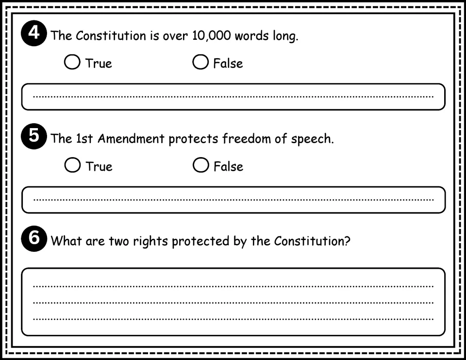 Questions 4 to 6: true-or-false items on the Constitution's length and the 1st Amendment, then students name two rights