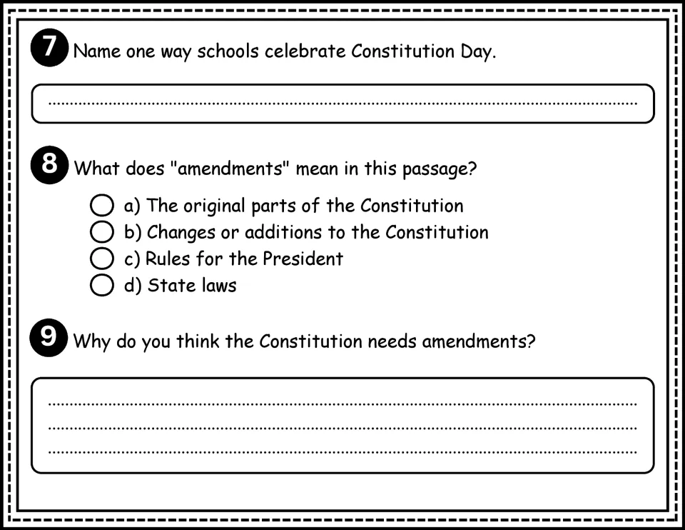 Questions 7 to 9: students name a school celebration, define amendments from context and explain why amendments are needed