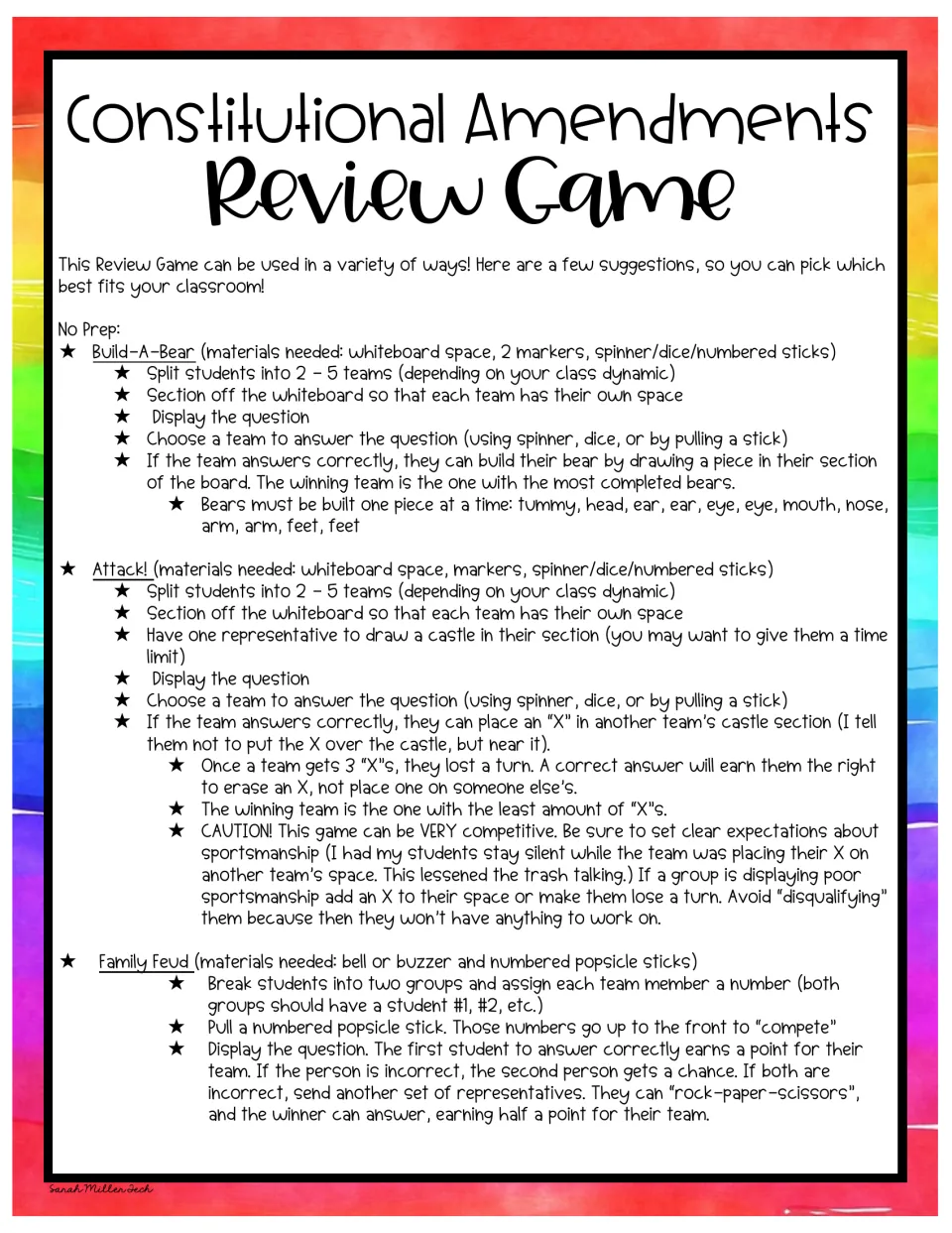 Amendments game directions: rules for three team formats, Build-A-Bear, Attack! castles and Family Feud with a buzzer