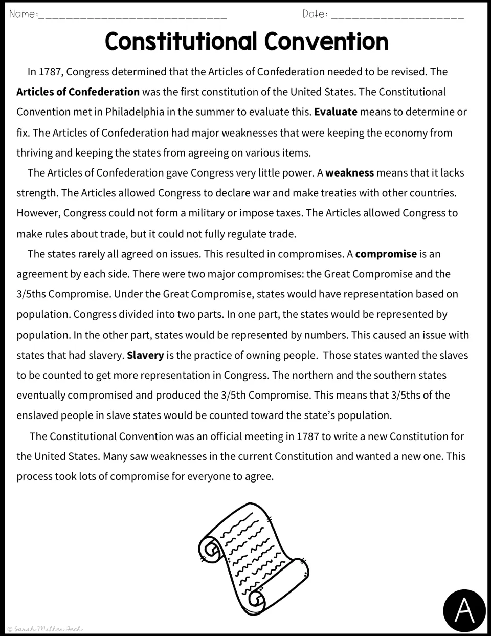 Constitutional Convention passage, version A: students read about the 1787 meeting, the Articles and two key compromises