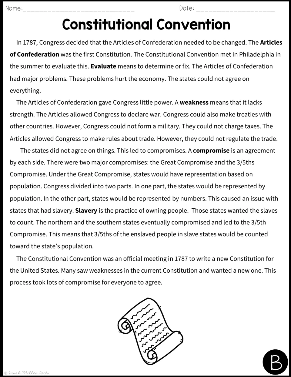 Simplified version B of the 1787 convention reading, with shorter sentences on the Articles' weaknesses and the compromises
