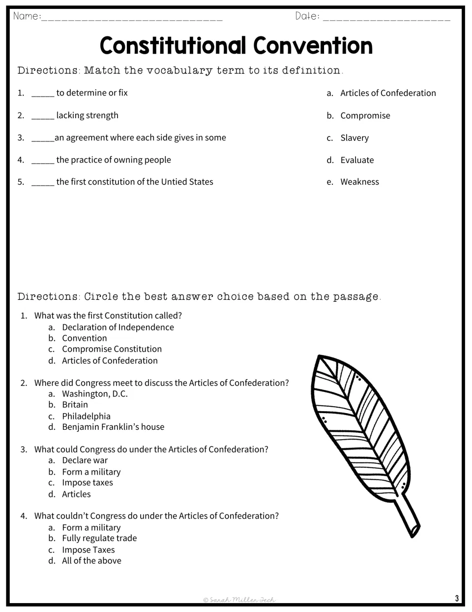 Vocabulary matching of five terms like evaluate and weakness, then four multiple-choice questions on the Articles