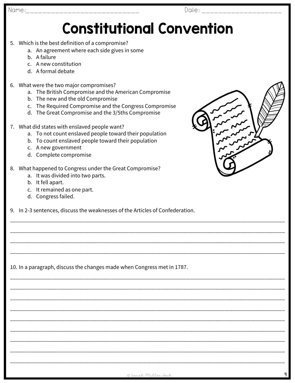 Comprehension questions 5-8 on compromises and representation, plus two written responses on the Articles and 1787 changes