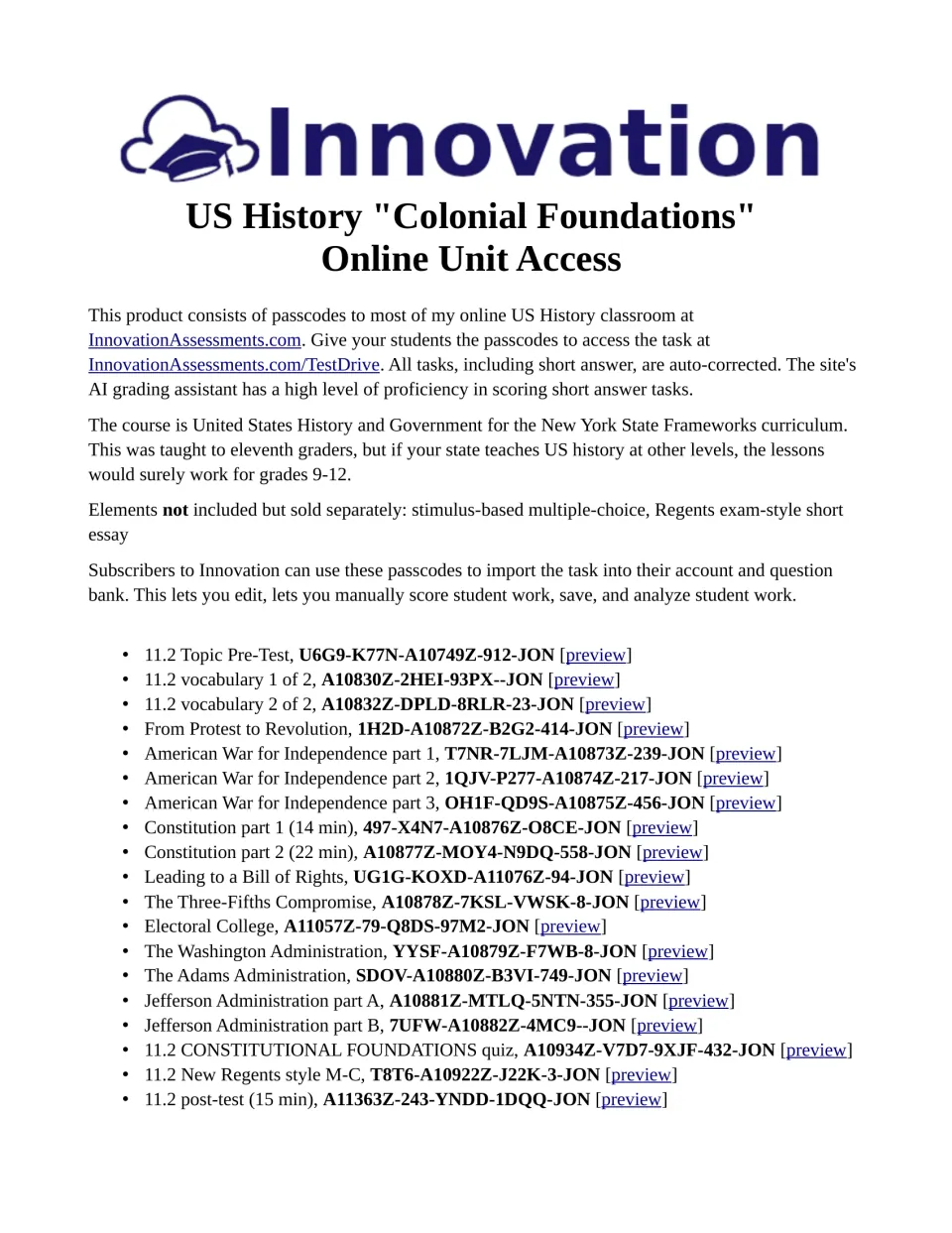 Online unit access sheet listing 19 task passcodes, from the topic pre-test to the Constitution and post-test.