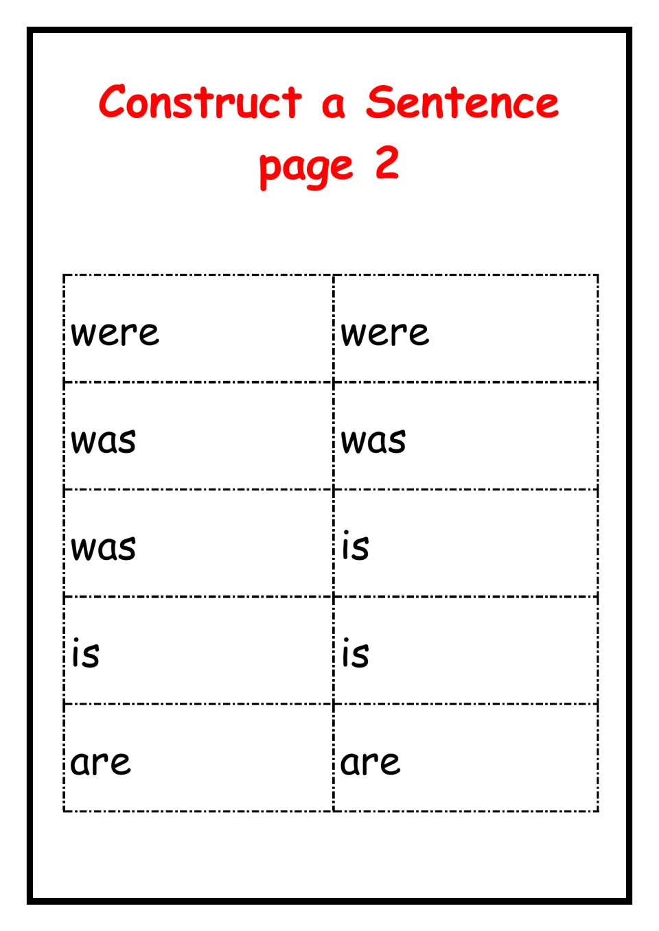 Verb cut-out pieces: 10 cards reading were, was, is or are, which link each subject card to a describing word