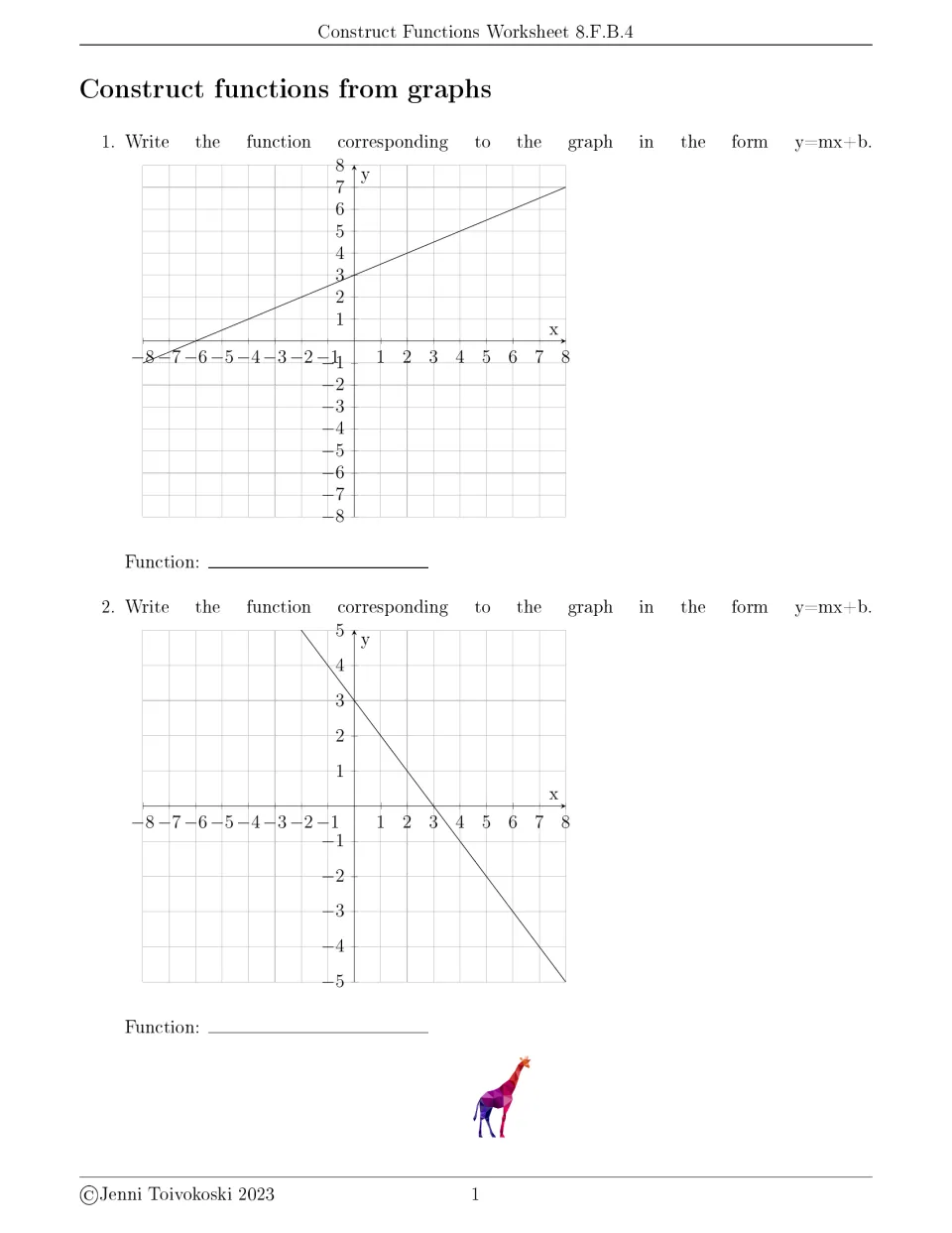 Function graph problems 1–2: write equations in y=mx+b form for an increasing line and a decreasing line.