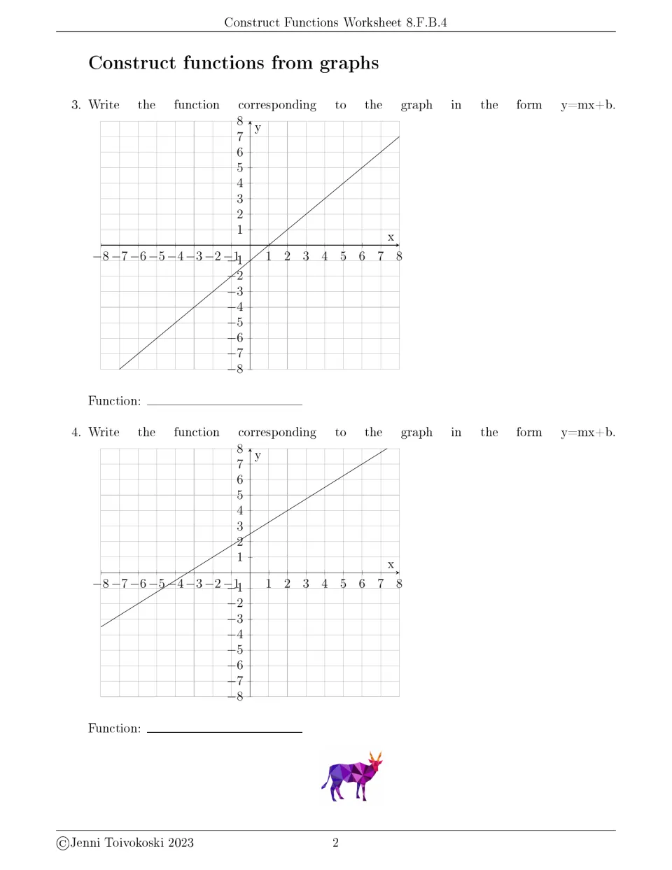 Function graph problems 3–4: write equations in y=mx+b form for two increasing lines with different slopes.
