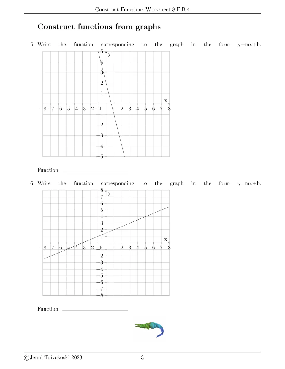 Function graph problems 5–6: write equations for a decreasing line through (0, 2) and an increasing line.