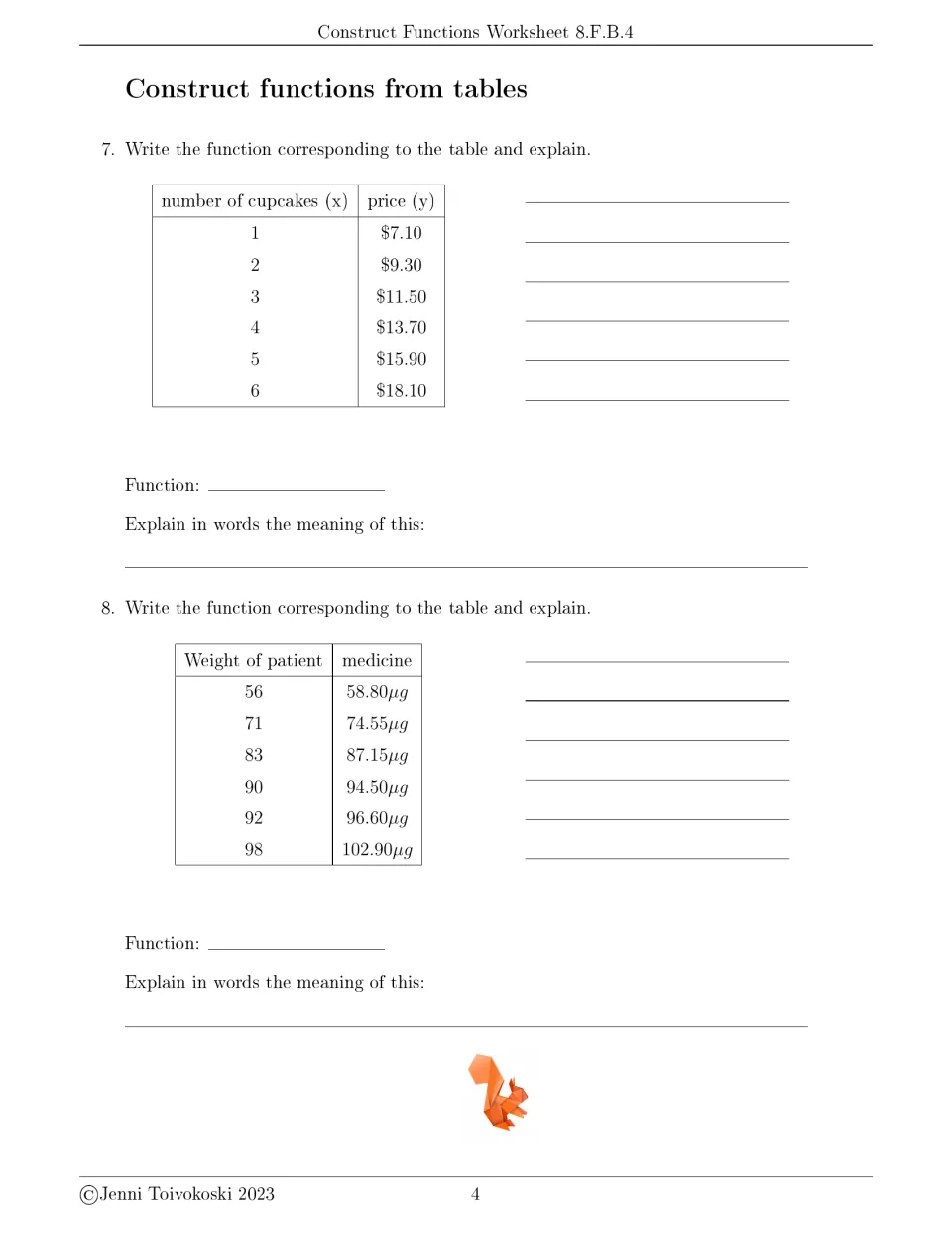 Function table problems 7–8: write and explain equations for cupcake prices and medicine by patient weight.