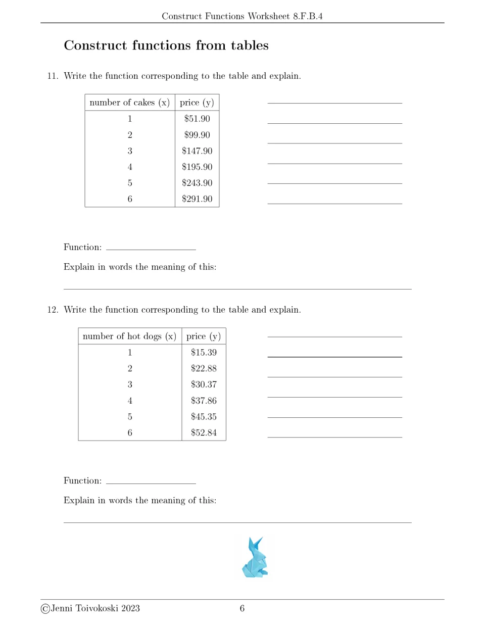 Function table problems 11–12: write and explain equations for prices of one to six cakes and hot dogs.