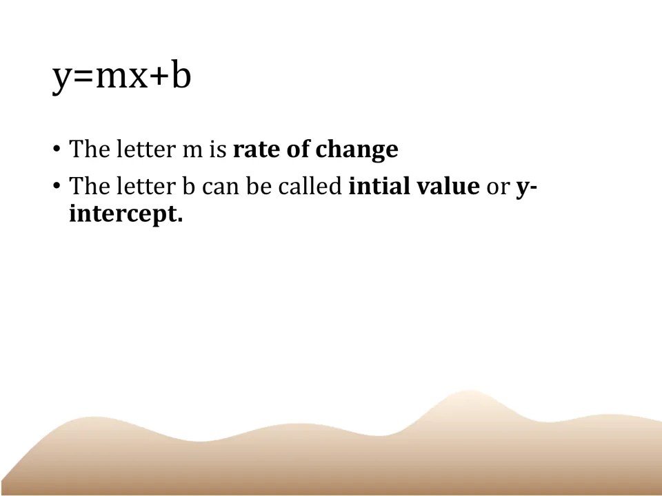 Definition slide identifying m as the rate of change and b as the initial value or y-intercept in y=mx+b