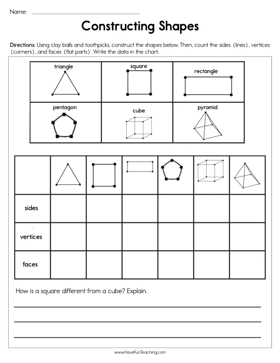 Shape construction worksheet: build six shapes with clay and toothpicks, then count sides, vertices, and faces.