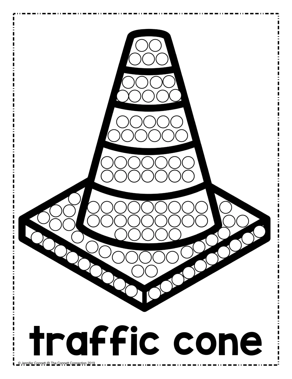 Traffic cone dot painting: students stamp a dot marker in each circle on the striped cone and its base for fine motor work