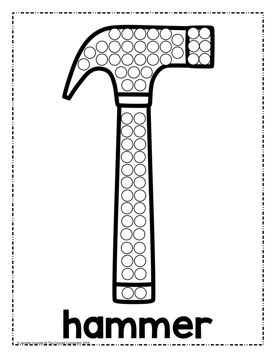 Hammer dot painting: students fill rows of circles on the claw hammer's head and long handle with dot markers or paint
