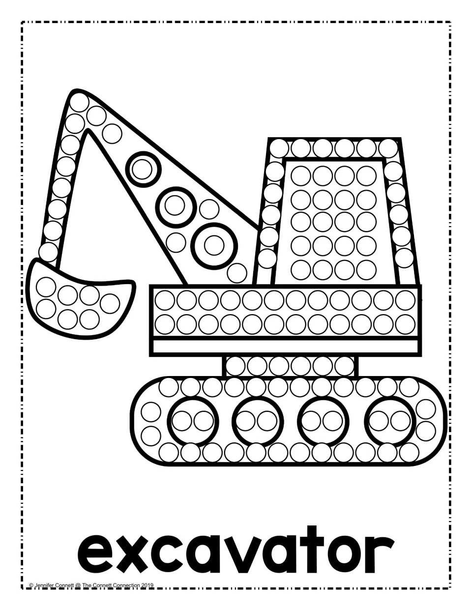 Excavator dot painting: students dab a dot in every circle on the digger's arm, bucket, cab and crawler tracks