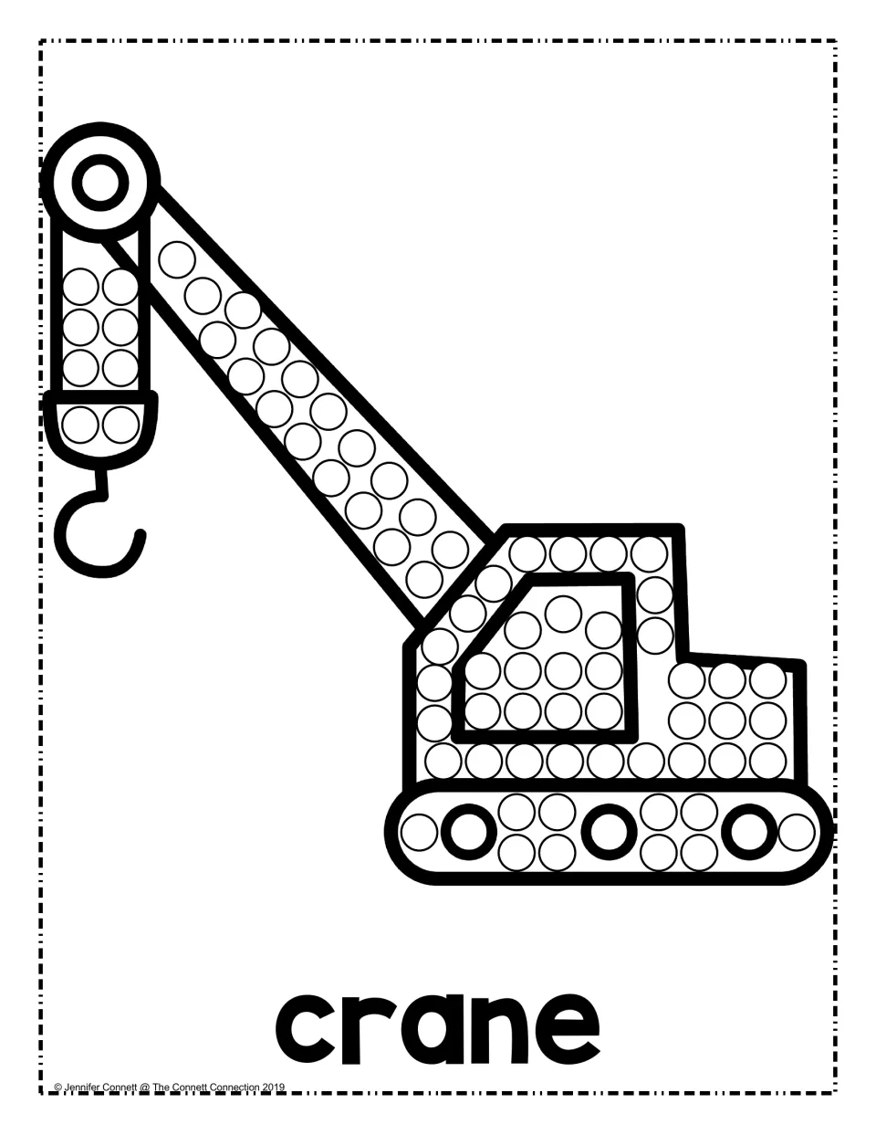Crane dot painting: students stamp the circles along the crane's long boom, hook block, cab and tracks with dot markers