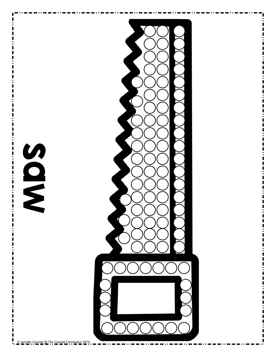 Saw dot painting: students dot each circle on the hand saw's toothed blade and handle, with the word 'saw' printed sideways
