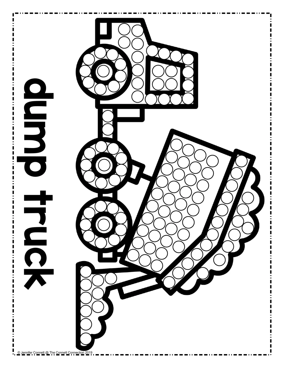 Dump truck dot painting: students stamp circles on the cab, wheels and raised bed of a truck tipping out its load