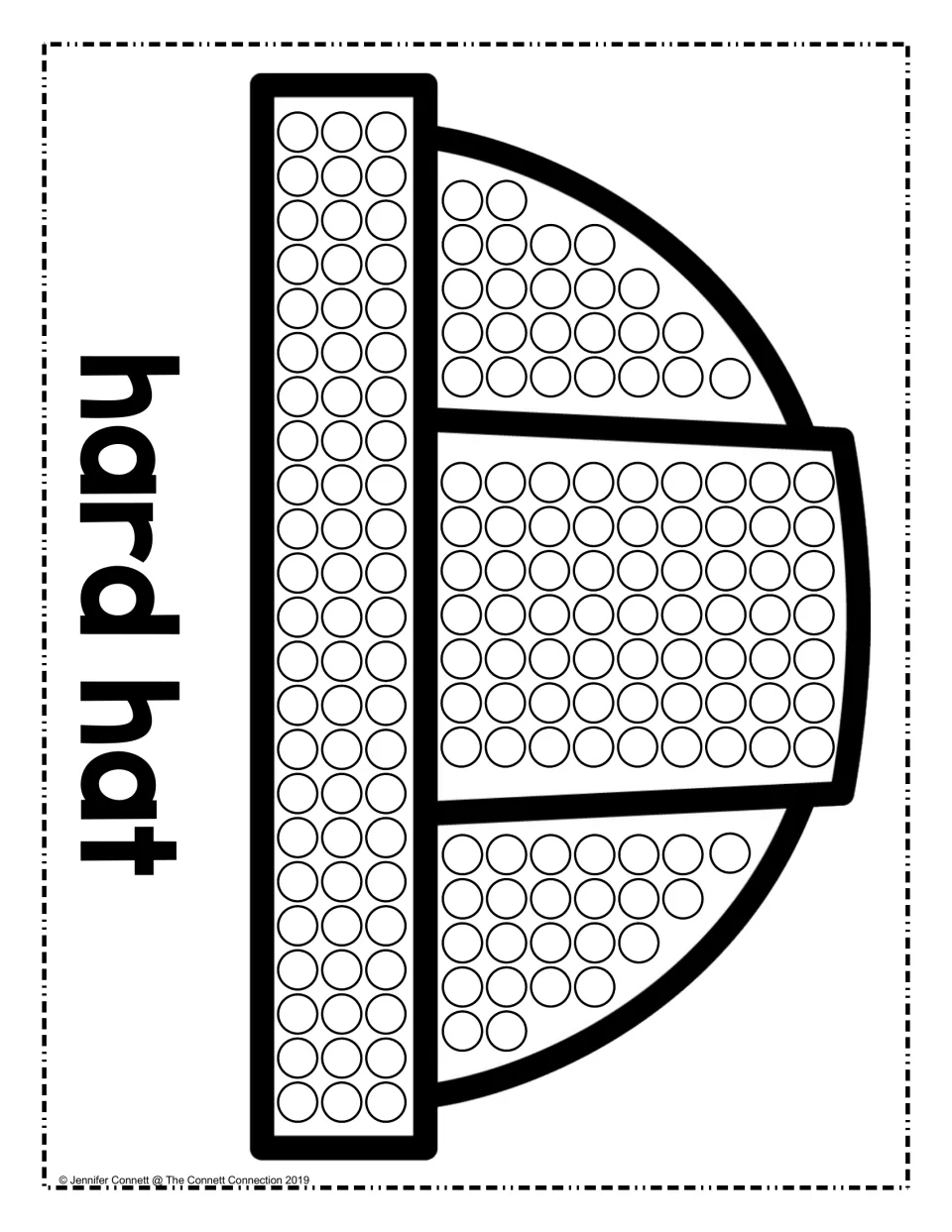 Hard hat dot painting: students dot rows of circles across the safety helmet's dome and brim, labeled 'hard hat' sideways