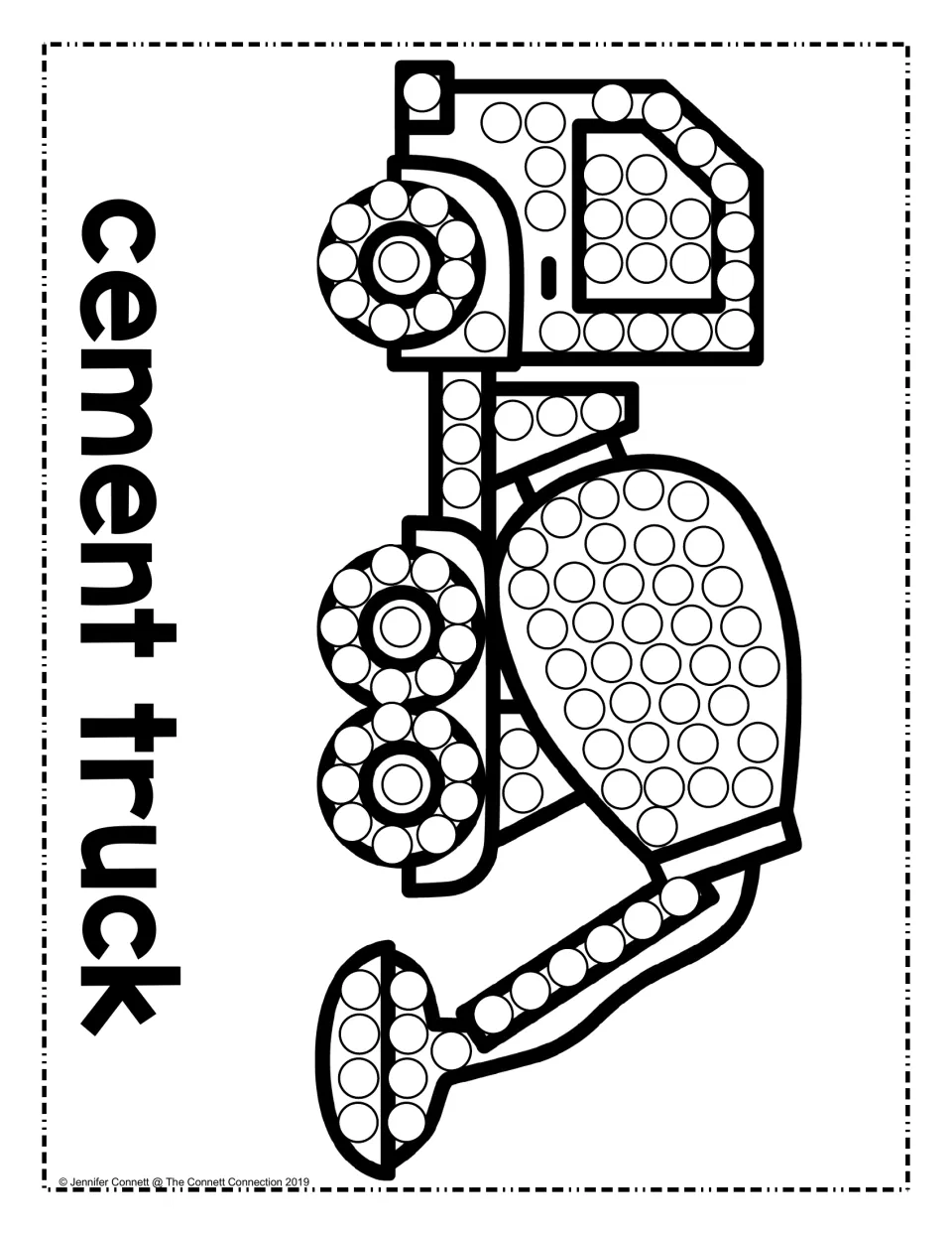 Cement truck dot painting: students stamp circles on the cab, wheels, mixing drum and chute of a concrete mixer truck