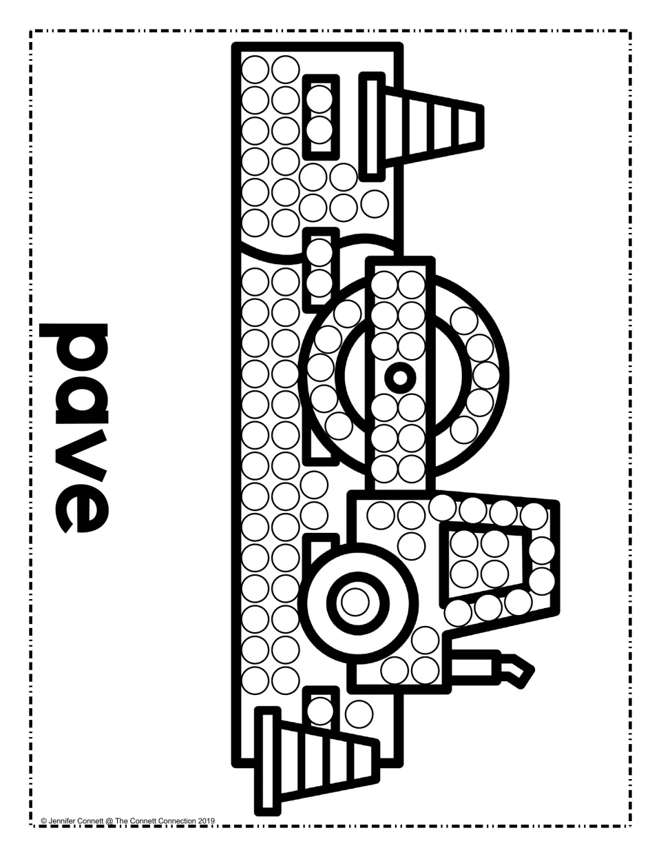 Pave dot painting: students stamp circles on a road roller and the road it flattens, with traffic cones at each end