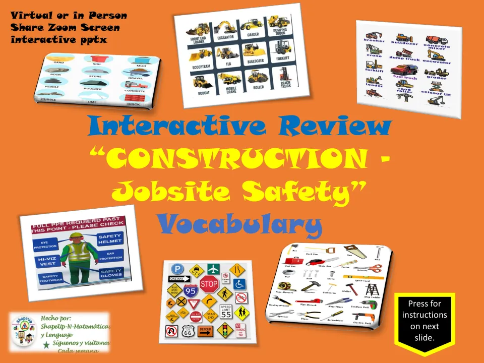 Construction vocabulary review cover introducing jobsite safety, tools, machinery, and building materials