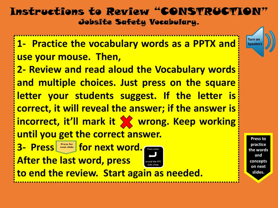 Review instructions explain reading vocabulary aloud, selecting answer letters, and retrying incorrect choices