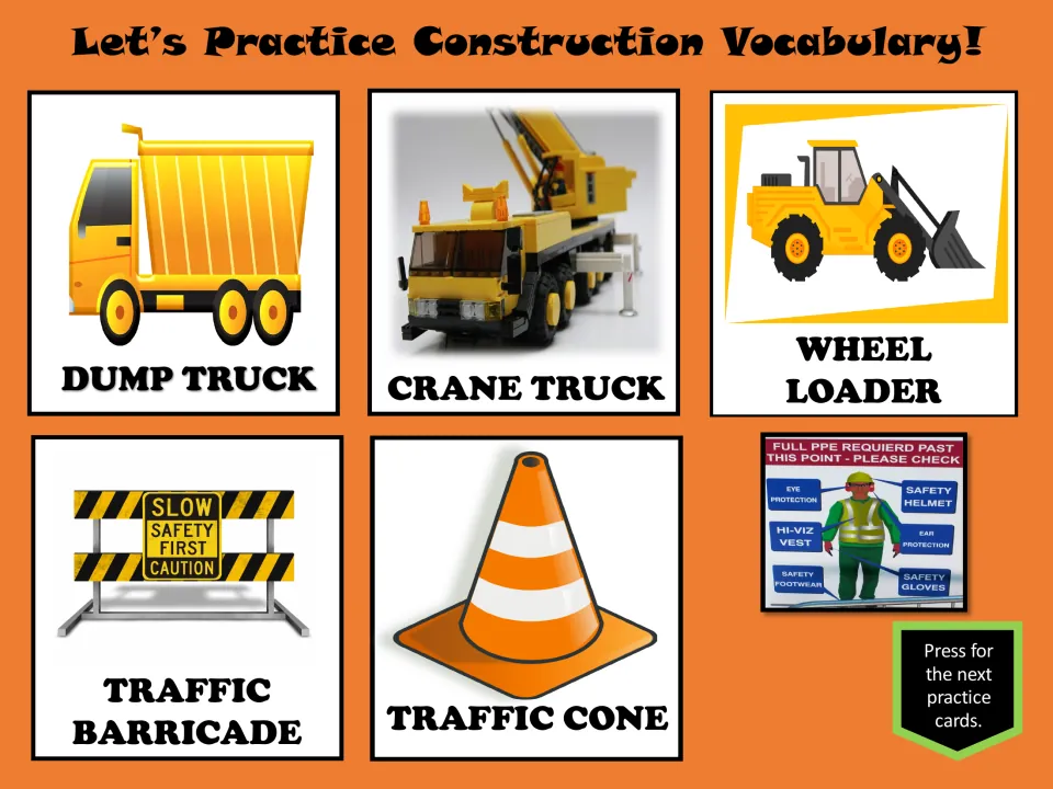 Construction practice cards show dump truck, crane truck, wheel loader, traffic barricade, and traffic cone