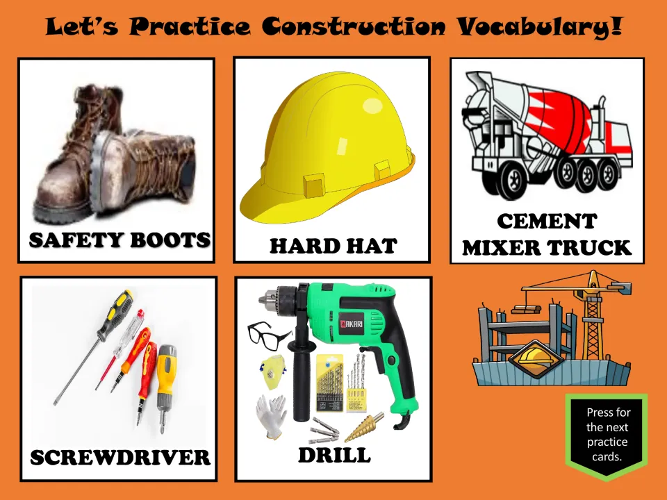 Construction practice cards show safety boots, hard hat, cement mixer truck, screwdriver, and drill