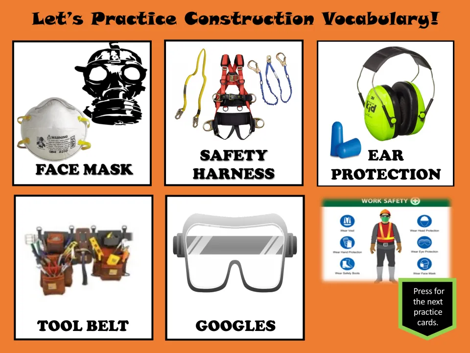 Construction practice cards show face mask, safety harness, ear protection, tool belt, and goggles