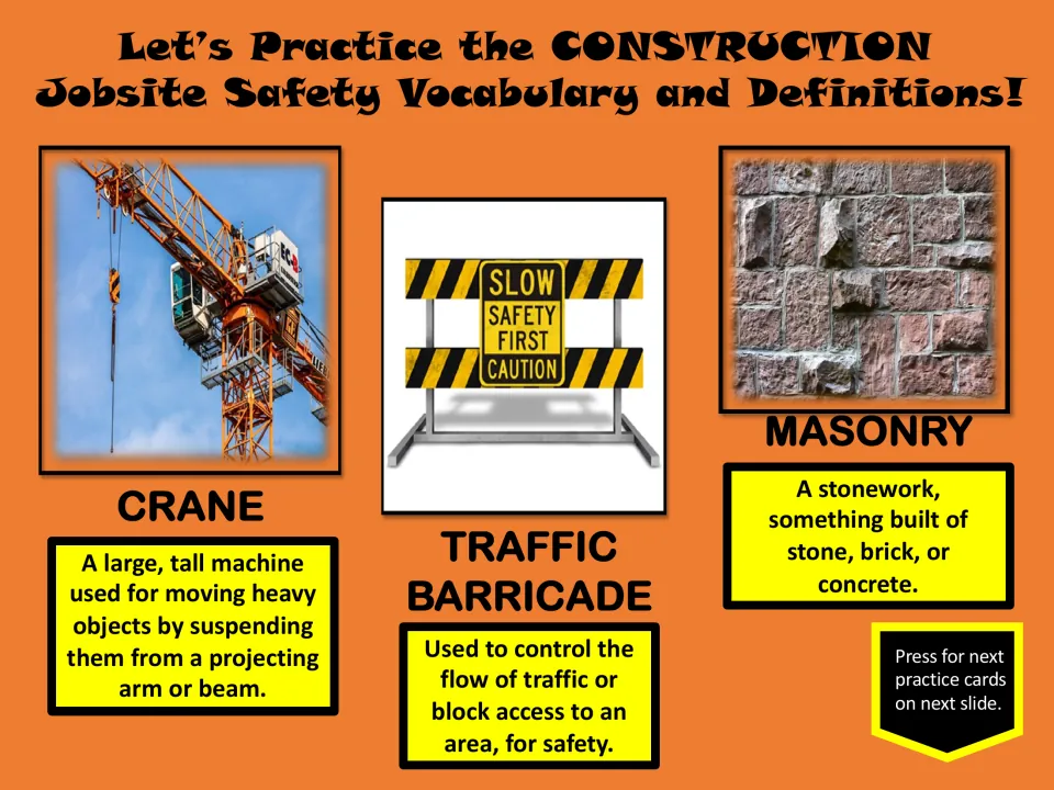 Construction definition practice introduces crane, traffic barricade, and masonry with pictures and meanings