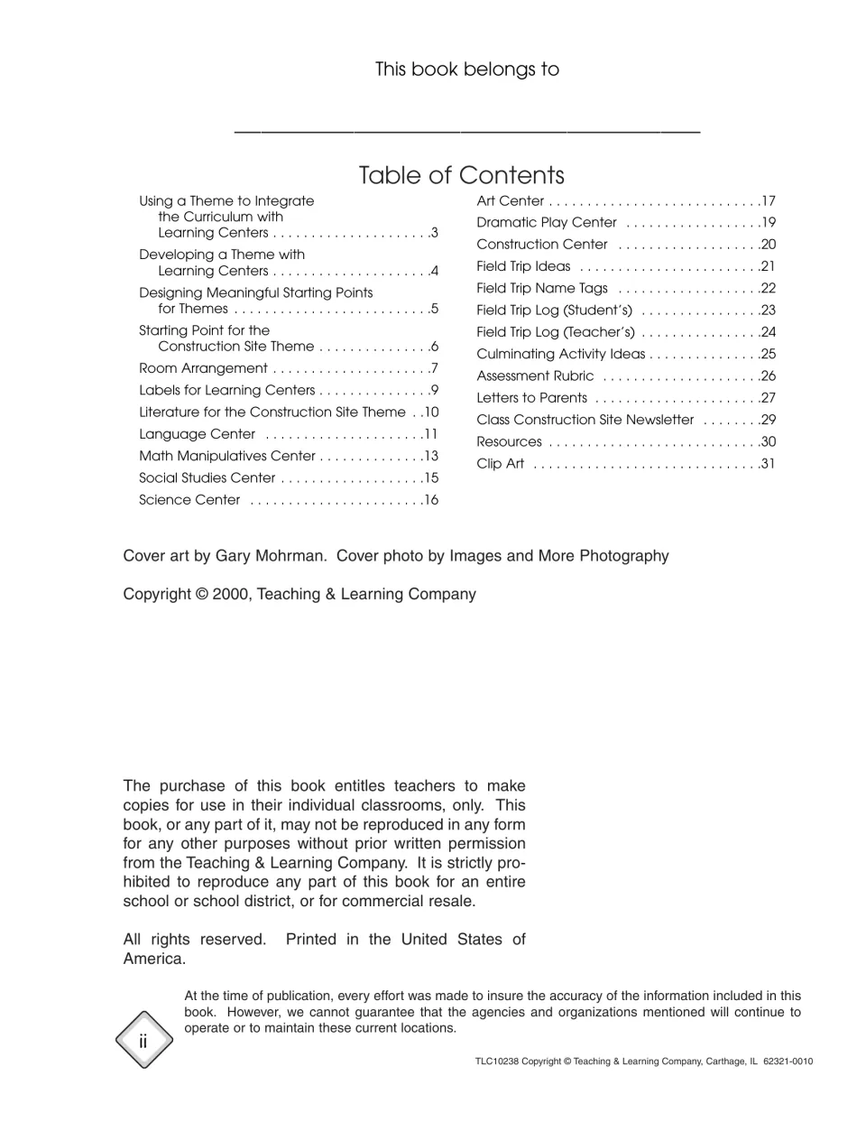 Table of contents listing learning centers, field trip logs, assessment rubric and parent letters, plus copyright notice