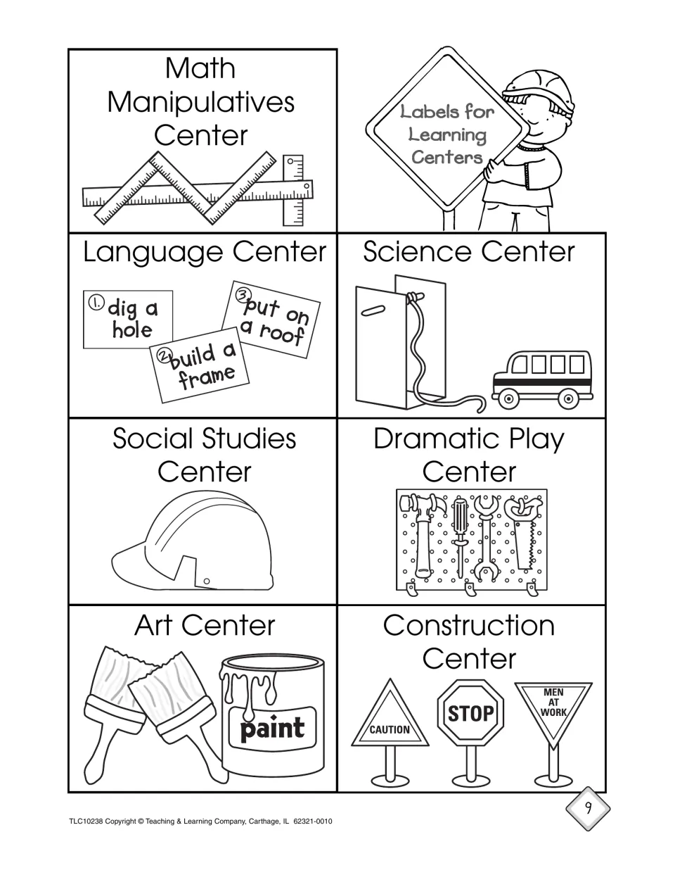 Printable center signs for math, language, science, social studies, dramatic play, art and construction with tool pictures