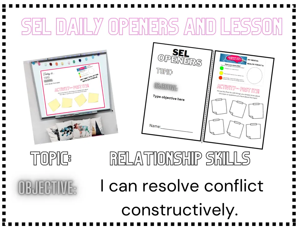 SEL daily openers and lesson cover: Relationship Skills topic and objective I can resolve conflict constructively