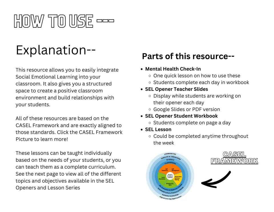 How to use: explanation of the SEL openers and the parts list of check-in, teacher slides, student workbook and SEL lesson