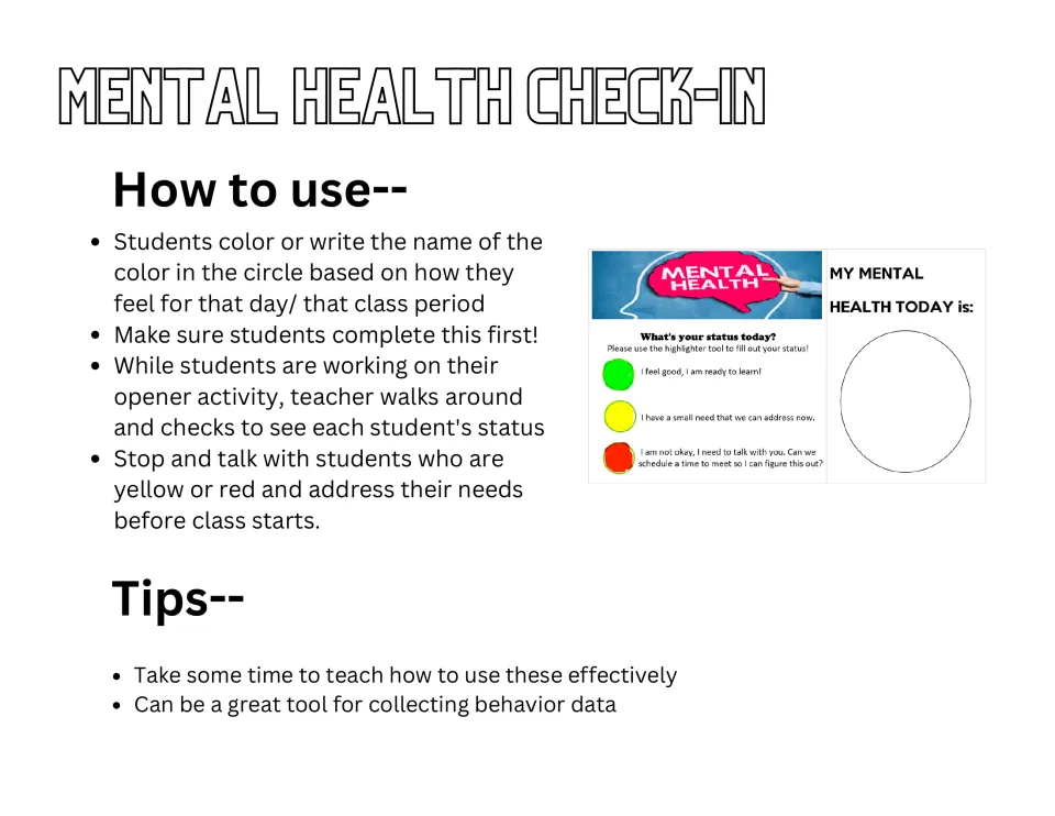 Mental health check-in directions: students mark green, yellow or red status in a circle so the teacher can follow up