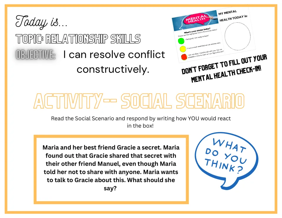 Social scenario opener: students write what Maria should say to Gracie after Gracie shared Maria's secret with Manuel