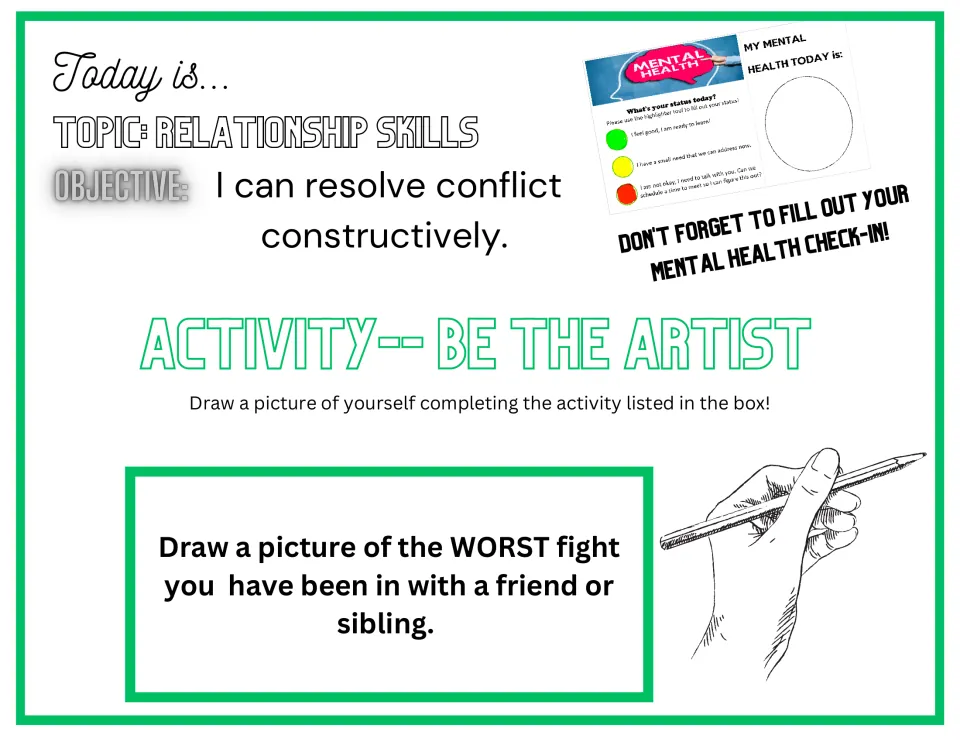 Be the Artist opener on resolving conflict: students draw the worst fight they have had with a friend or a sibling