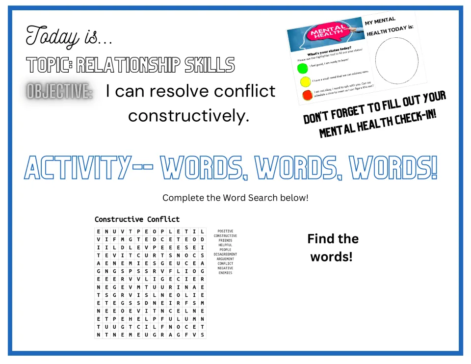 Word search opener on conflict vocabulary: students find positive, constructive, disagreement, argument, enemies and more