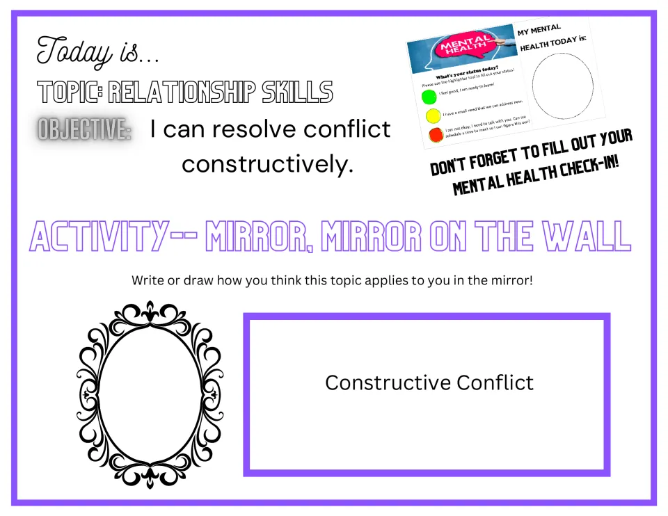 Mirror, Mirror on the Wall opener: students write or draw in a mirror frame how constructive conflict applies to them