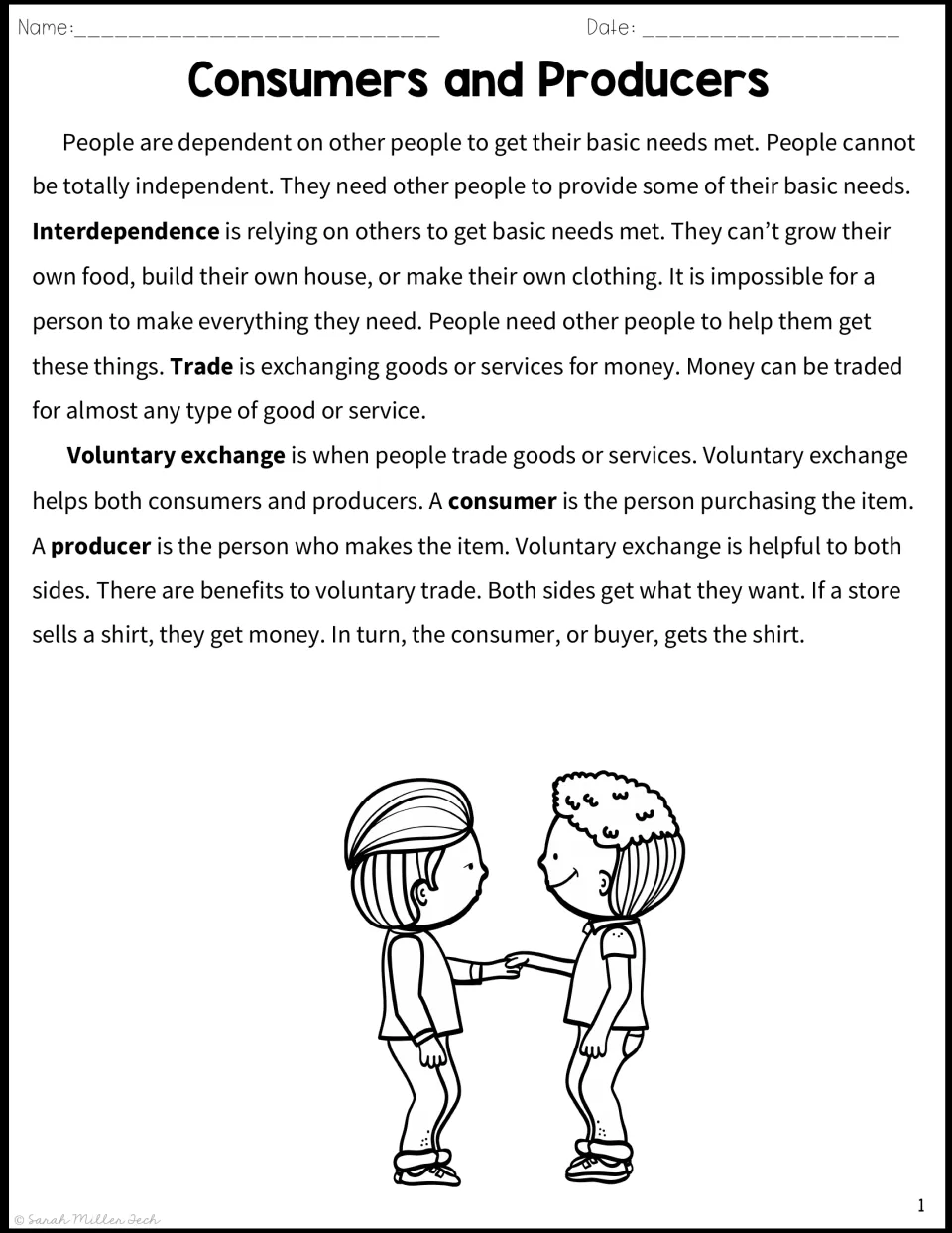 Consumers and producers passage: students read about interdependence, trade and voluntary exchange in a shirt sale