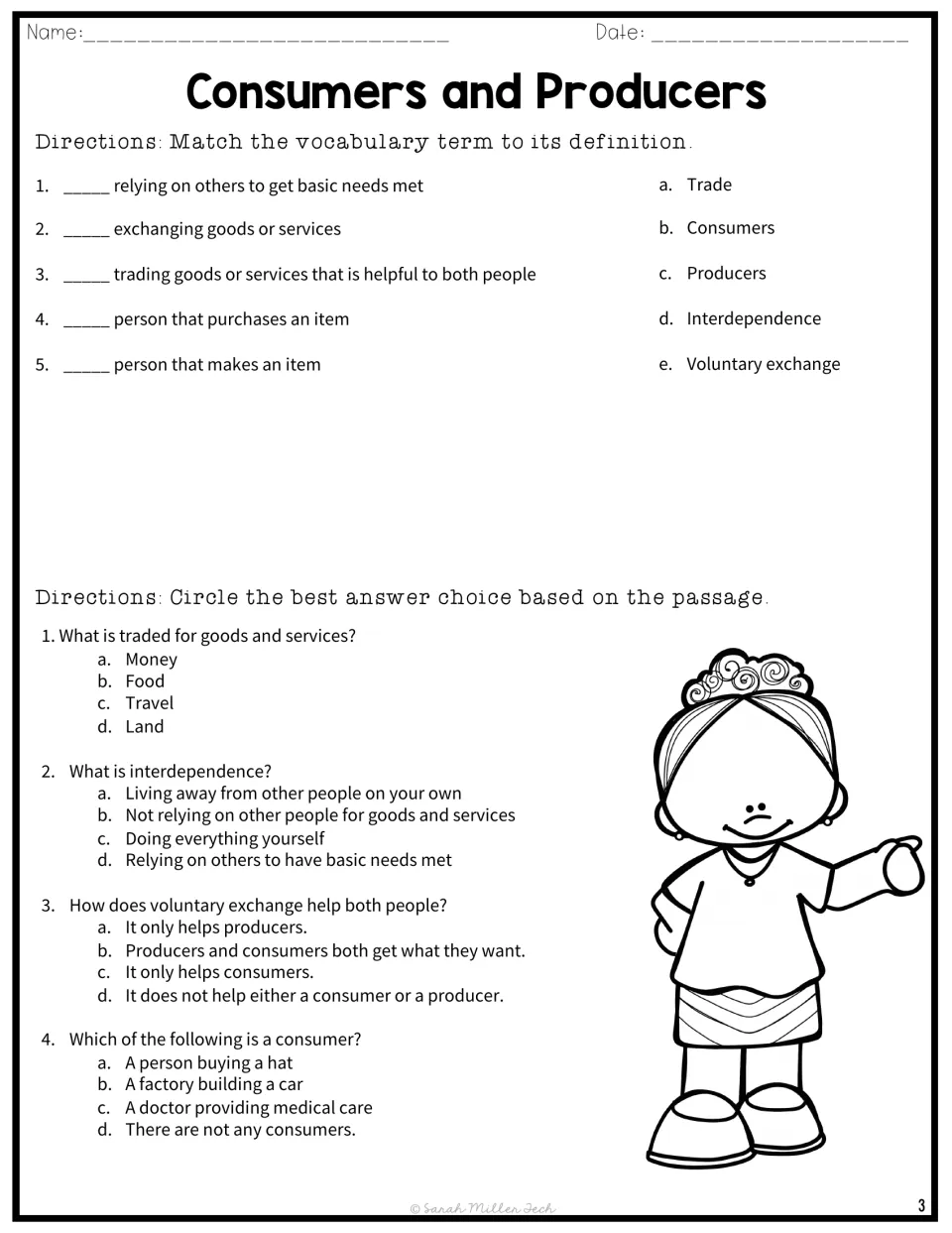 Economics vocabulary matching for five terms like trade and interdependence, plus four multiple-choice passage questions