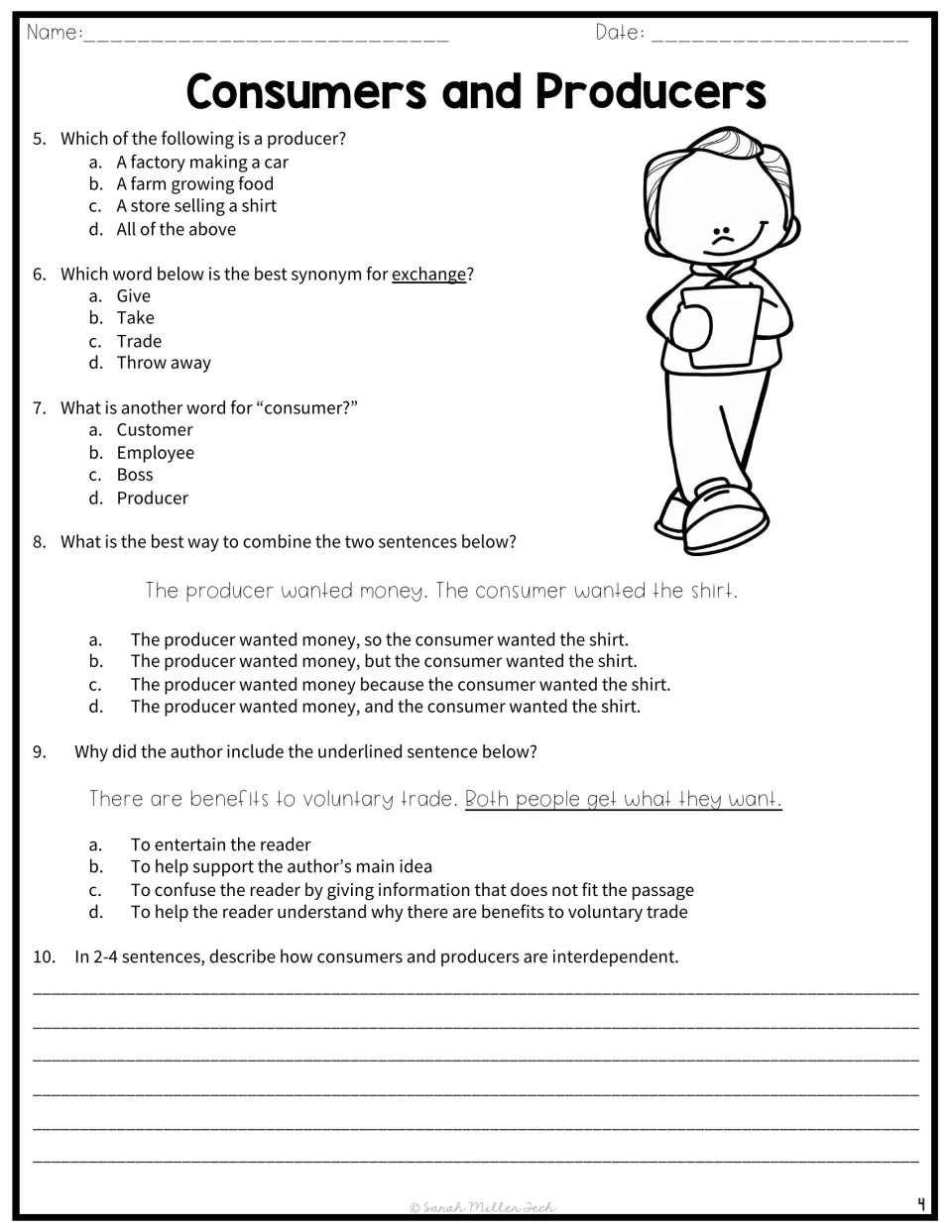 Questions 5-10 on producers, synonyms, combining sentences and author's purpose, ending with a written response