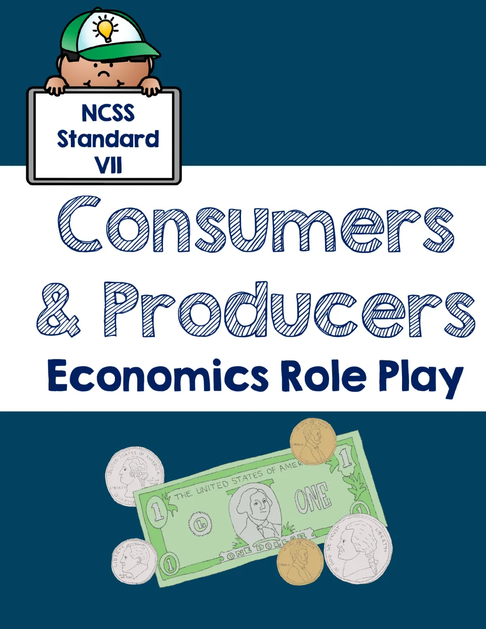 Cover: Consumers & Producers Economics Role Play title, a cartoon child in a cap peeking over a sign, and a dollar bill with coins