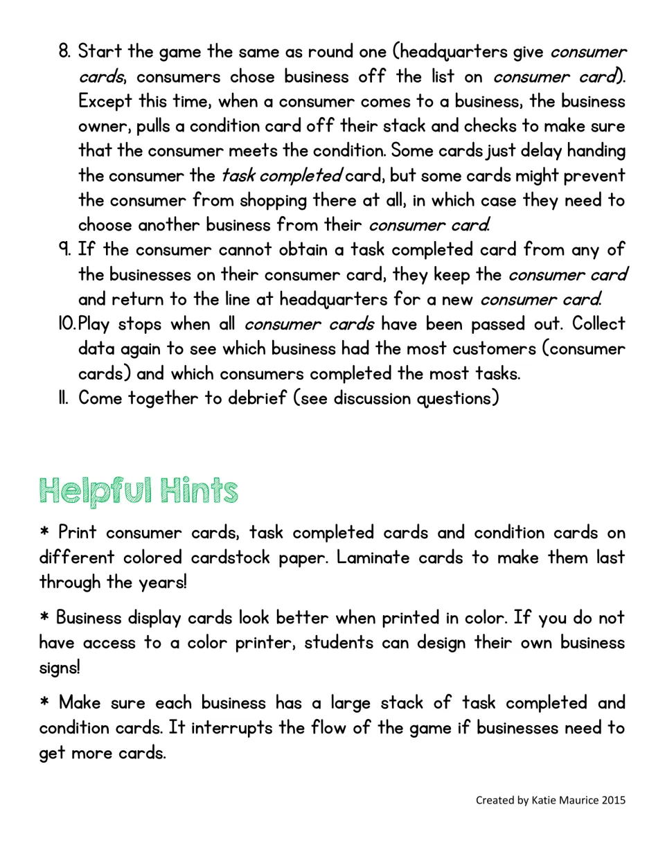 Procedure steps 8 to 11 for round two and the debrief, followed by helpful hints on printing and stocking the cards