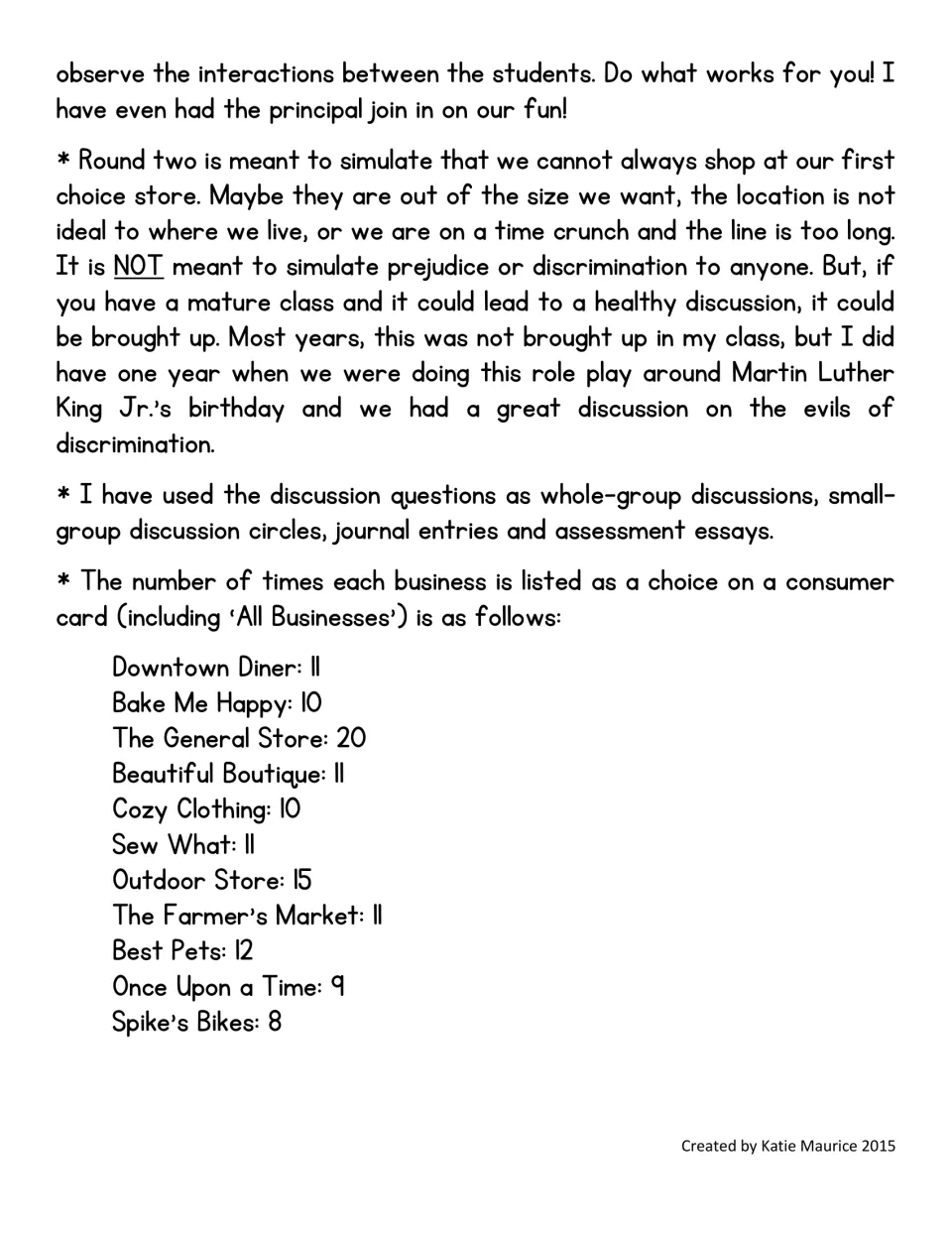 Teacher notes on round two's purpose, using discussion questions, and how often each business appears on consumer cards