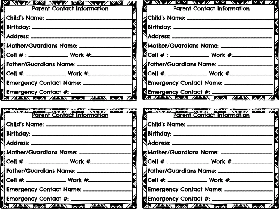 Parent Contact Information cards: families give child's name, birthday, address, guardian phones and an emergency contact